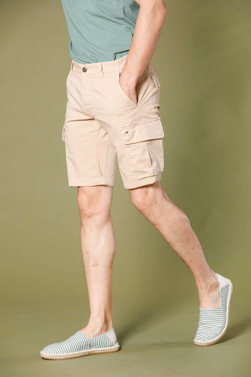 image 3 of men's cargo bermuda in stretch satin Chile model in dark kaki slim fit by Mason's