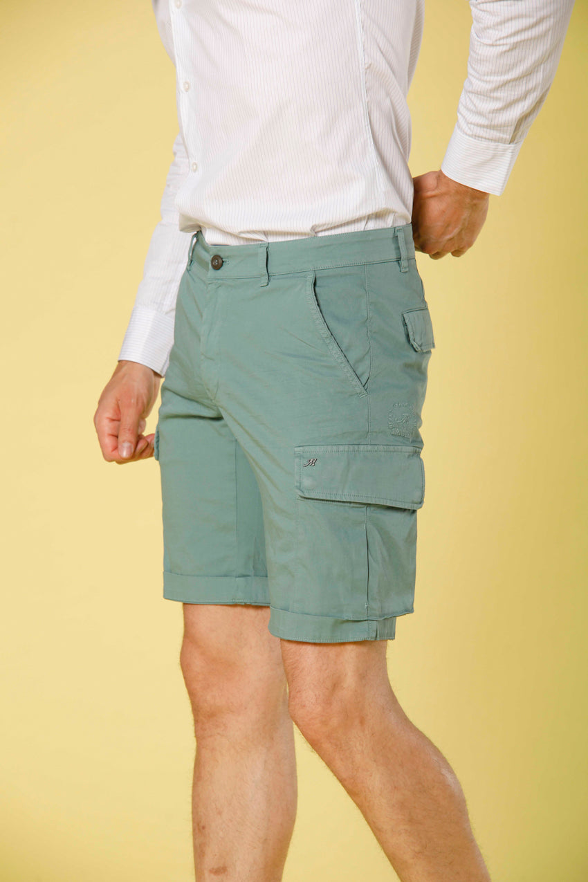 image 4 of men's cargo bermuda in stretch satin Chile model in mint green slim fit by Mason's