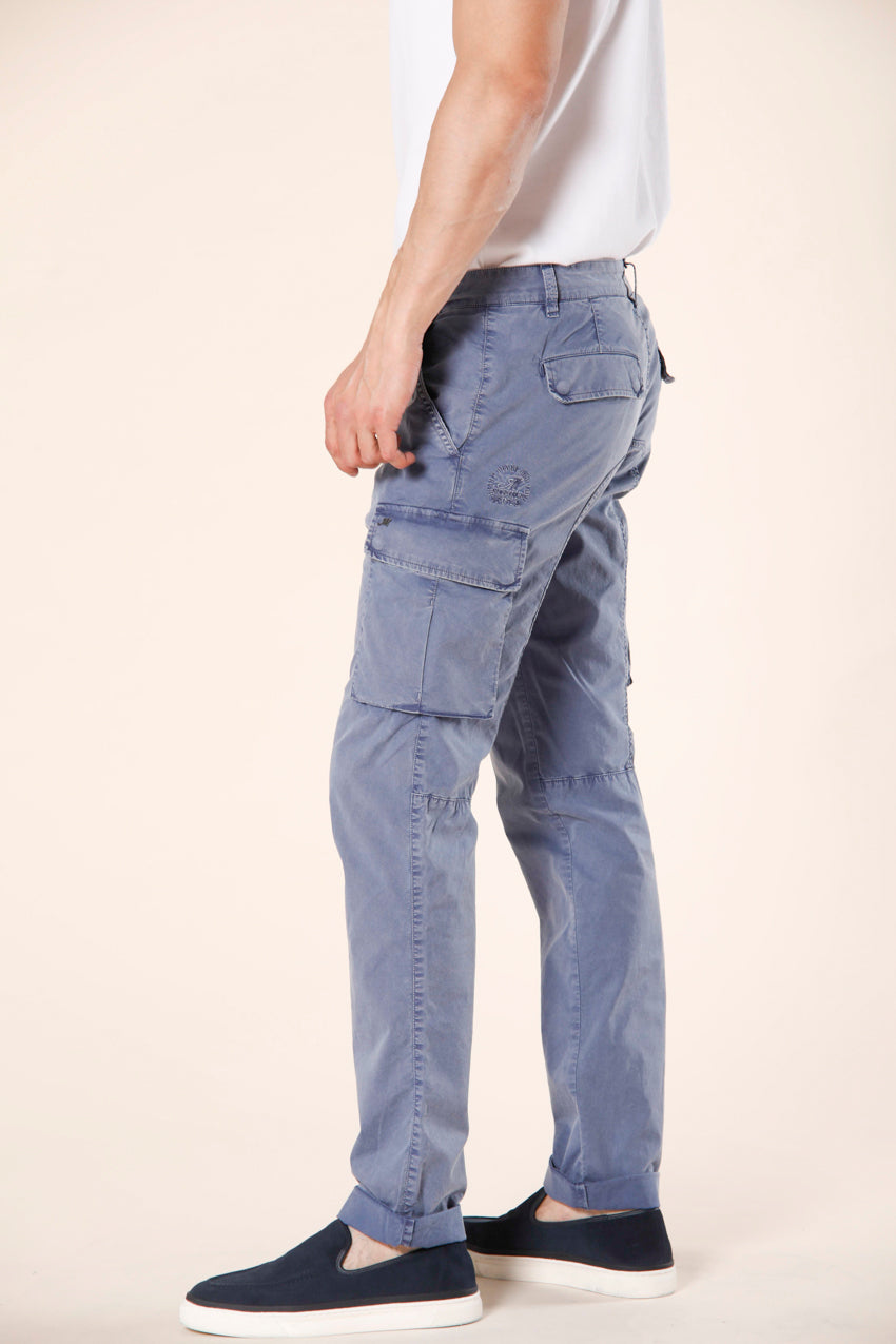 immagine 4 di pantalone cargo uomo in cotone stretch icon washing modello Chile colore azzurro extra slim di mason's