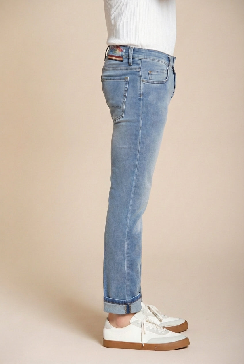 Harris pantalone 5 tasche uomo in denim lavaggio chiaro stampa Hawaii slim fit