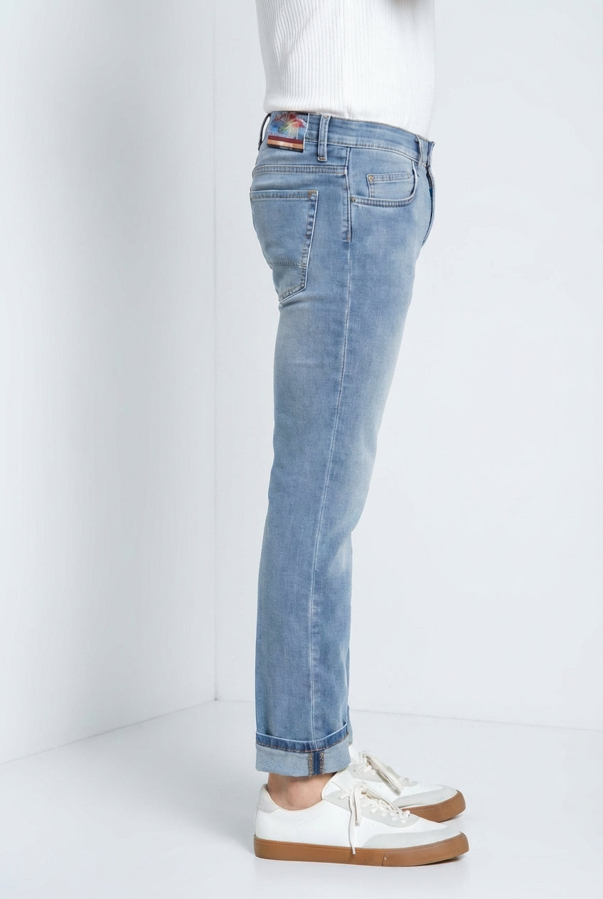 Harris pantalon 5 poches homme en denim délavage clair imprimé Hawaï slim fit