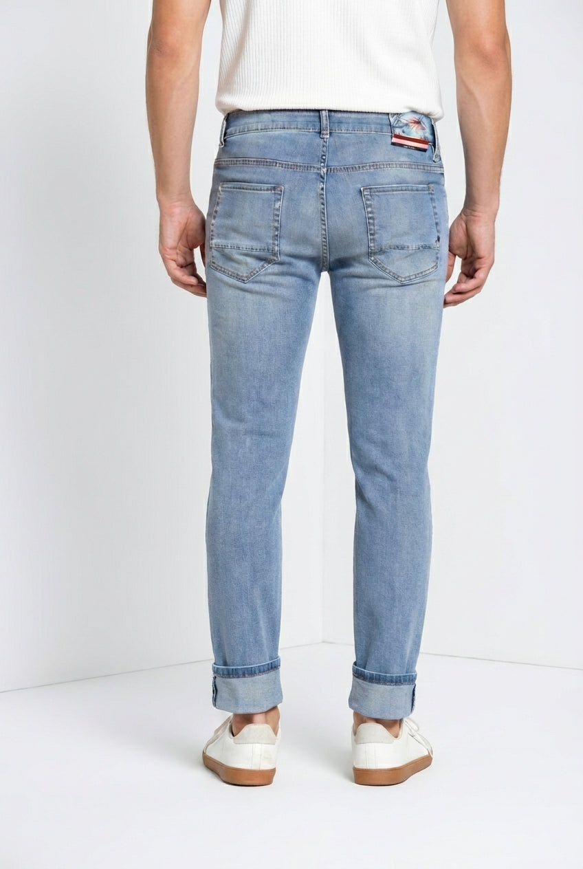 Harris pantalon 5 poches homme en denim délavage clair imprimé Hawaï slim fit