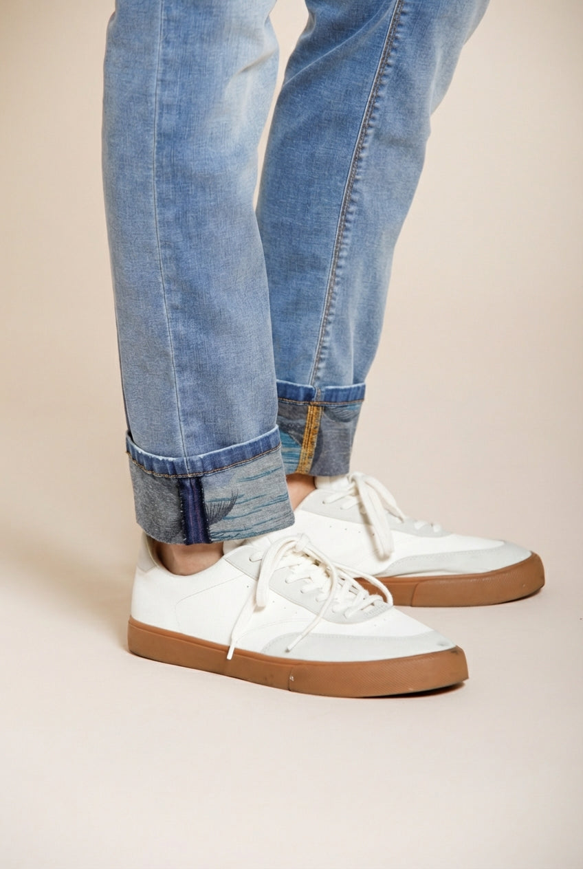 Harris pantalone 5 tasche uomo in denim lavaggio chiaro stampa Hawaii slim fit