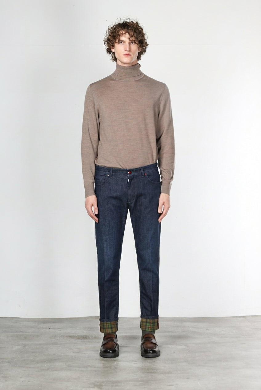 Pantalón Harris de hombre 5 bolsillos en denim Príncipe de Gales regular fit