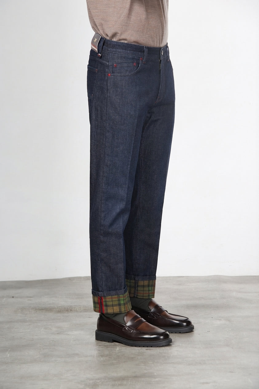 Pantalón Harris de hombre 5 bolsillos en denim Príncipe de Gales regular fit