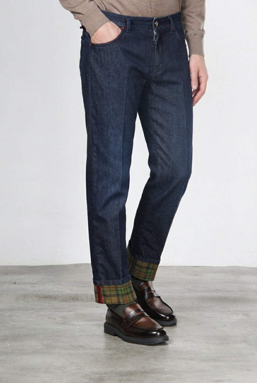 Pantalón Harris de hombre 5 bolsillos en denim Príncipe de Gales regular fit