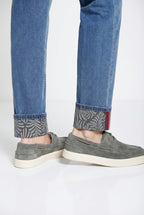 Harris pantalone 5 tasche uomo in denim con stampa foglie regular fit