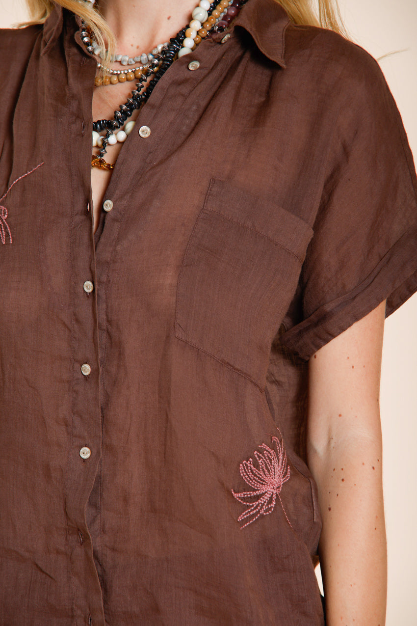 Livia women's shirt short sleeve in ramie flower embroidery