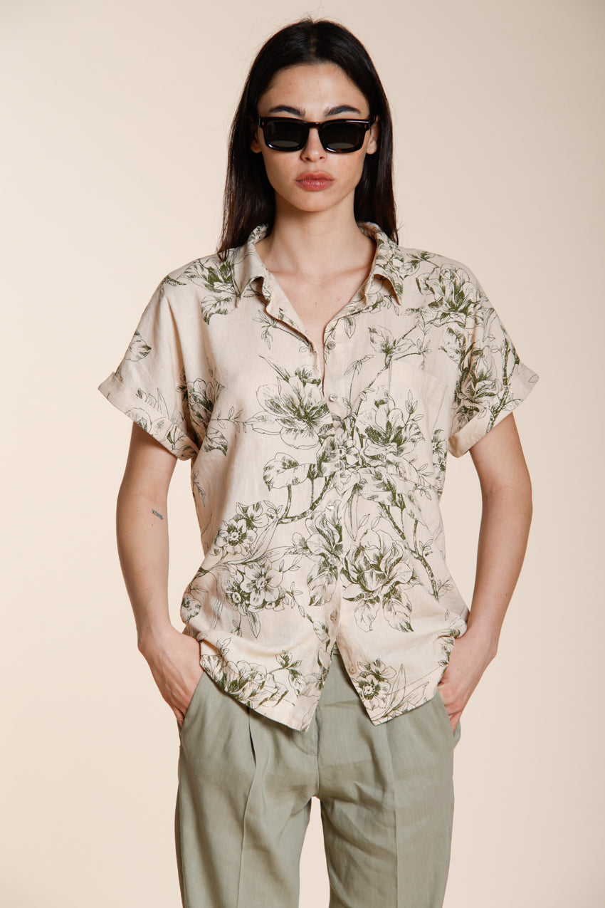 Livia camicia donna a manica corta in tela misto lino e viscosa fantasia a fiori