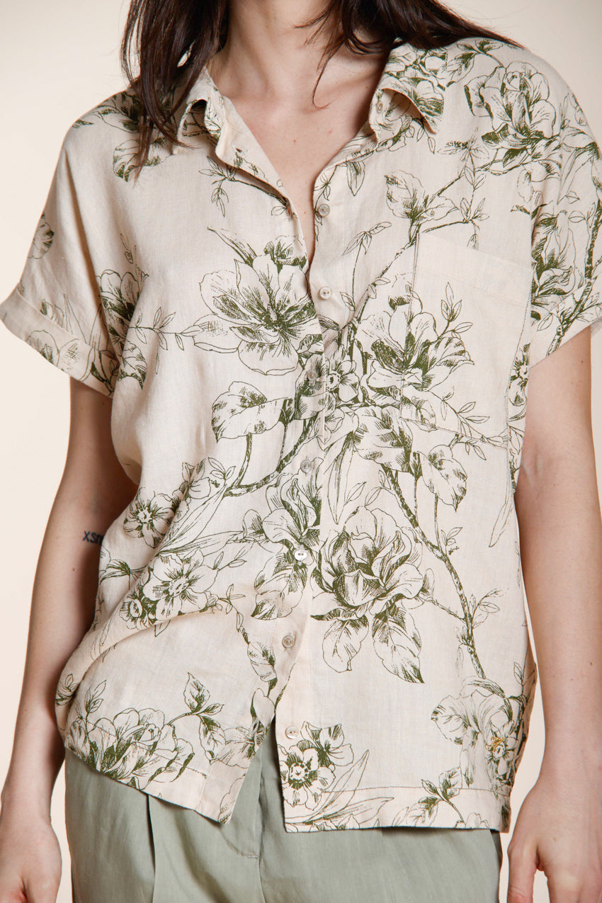 Livia women's shirt short sleeve in linen and viscose blend canvas floral pattern