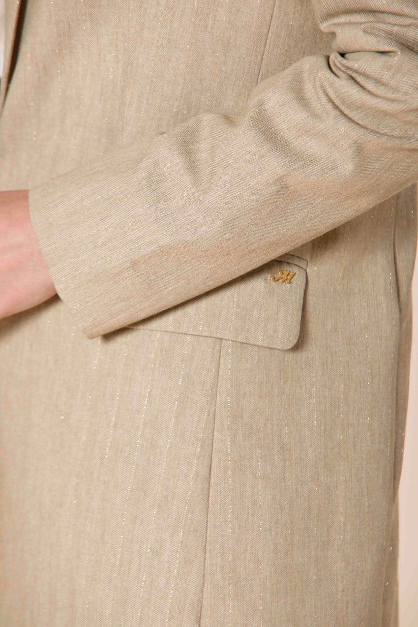 Image 2 of women's long blazer with one button in beige colored mat fabric with lurex stripe Irene model by Mason's