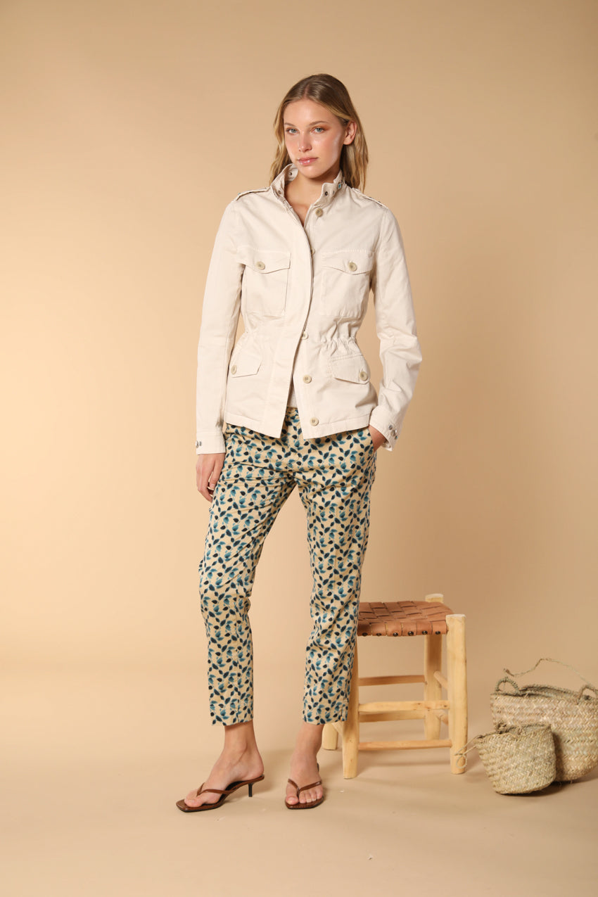 Jaqueline Curvie women's chino trousers in stretch cotton satin with leaf print curvy