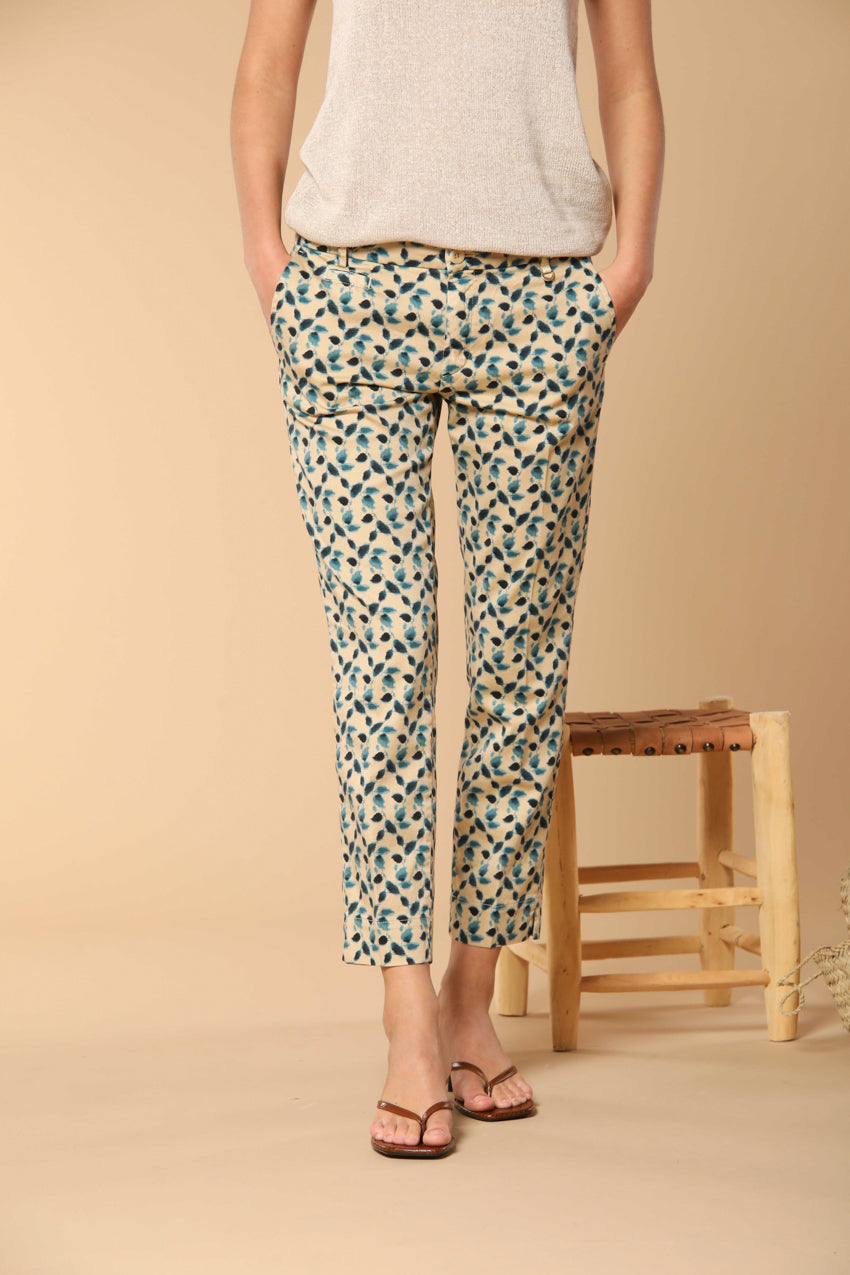 Jaqueline Curvie women's chino trousers in stretch cotton satin with leaf print curvy