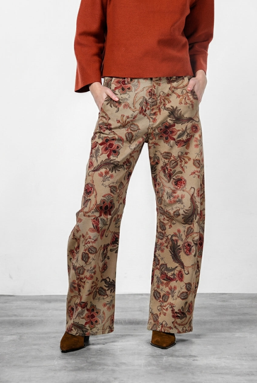 Pantalón Chino de Mujer Vivienne City en Tejido Bull con Estampado de Flores Grandes, Fit Balloon