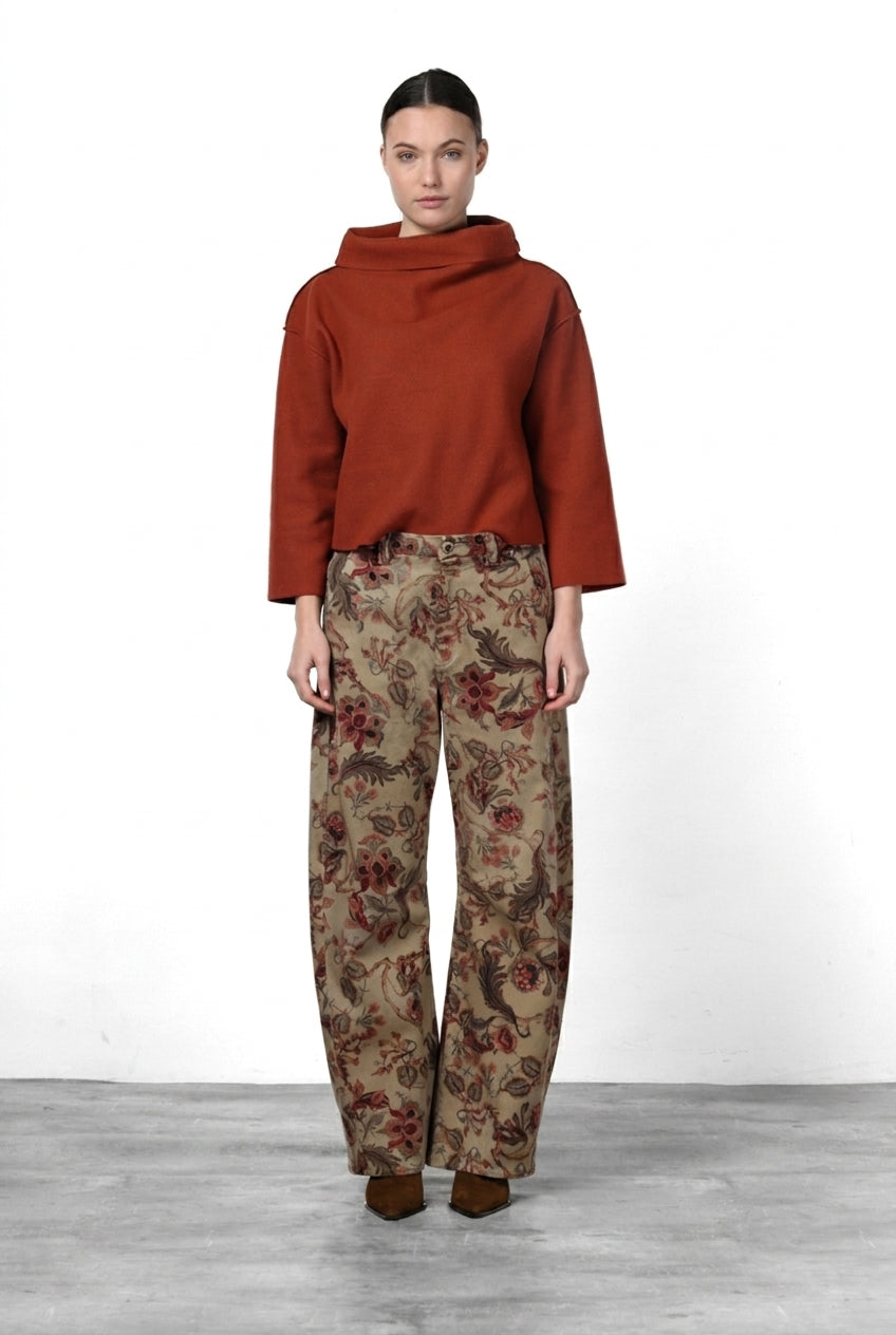 Pantalón Chino de Mujer Vivienne City en Tejido Bull con Estampado de Flores Grandes, Fit Balloon