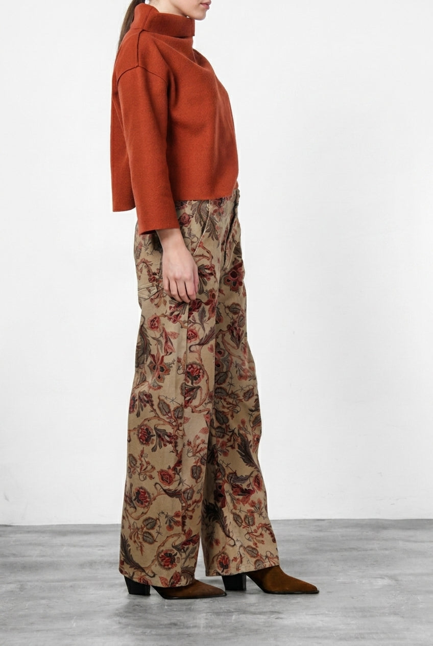 Pantalón Chino de Mujer Vivienne City en Tejido Bull con Estampado de Flores Grandes, Fit Balloon