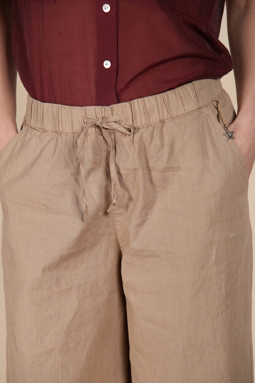 Portofino pantalón chino jogger mujer en tela de lino y algodón ligera wide leg