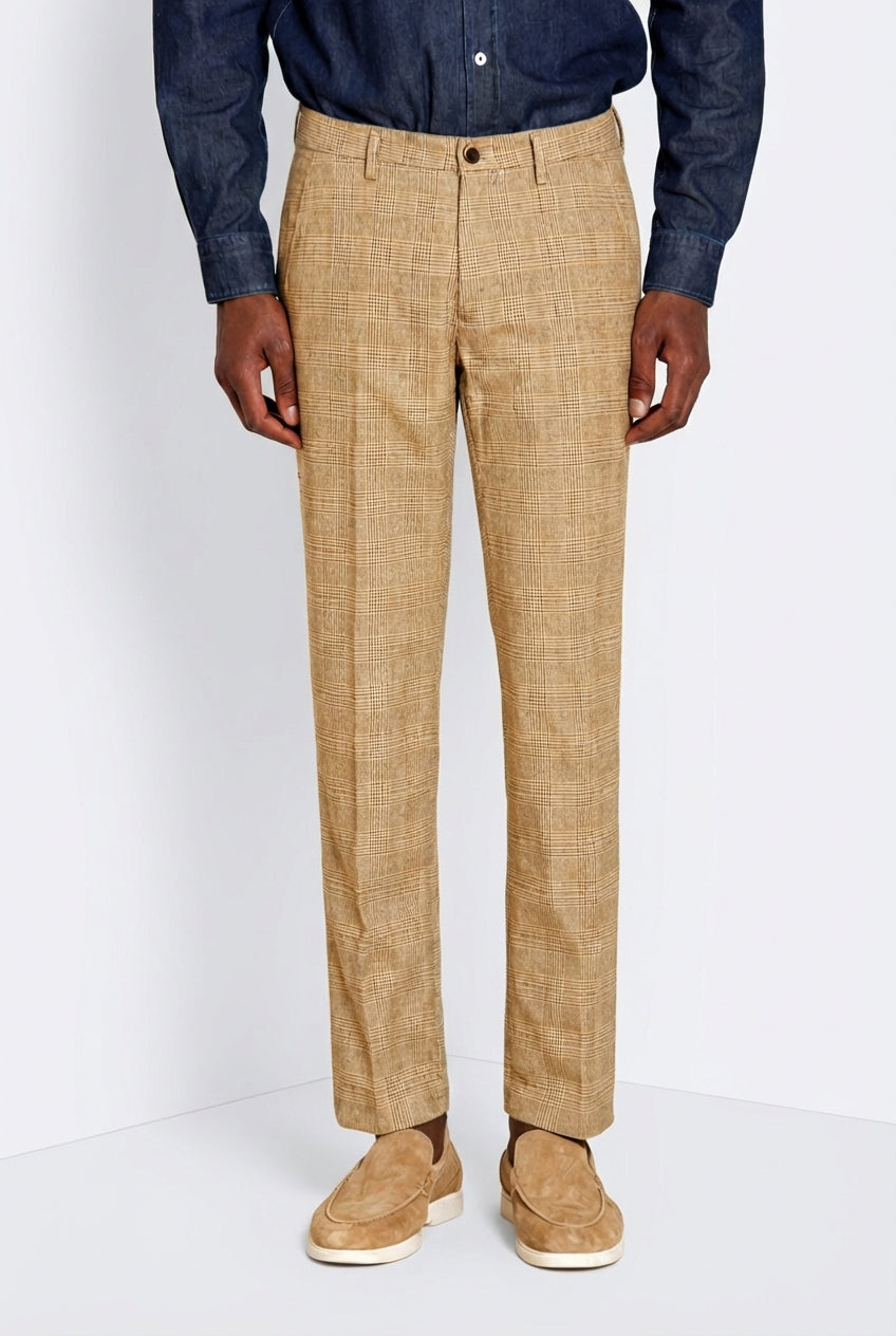 Torino men's chino pants prince of Wales print with dark brown yarn slim fit