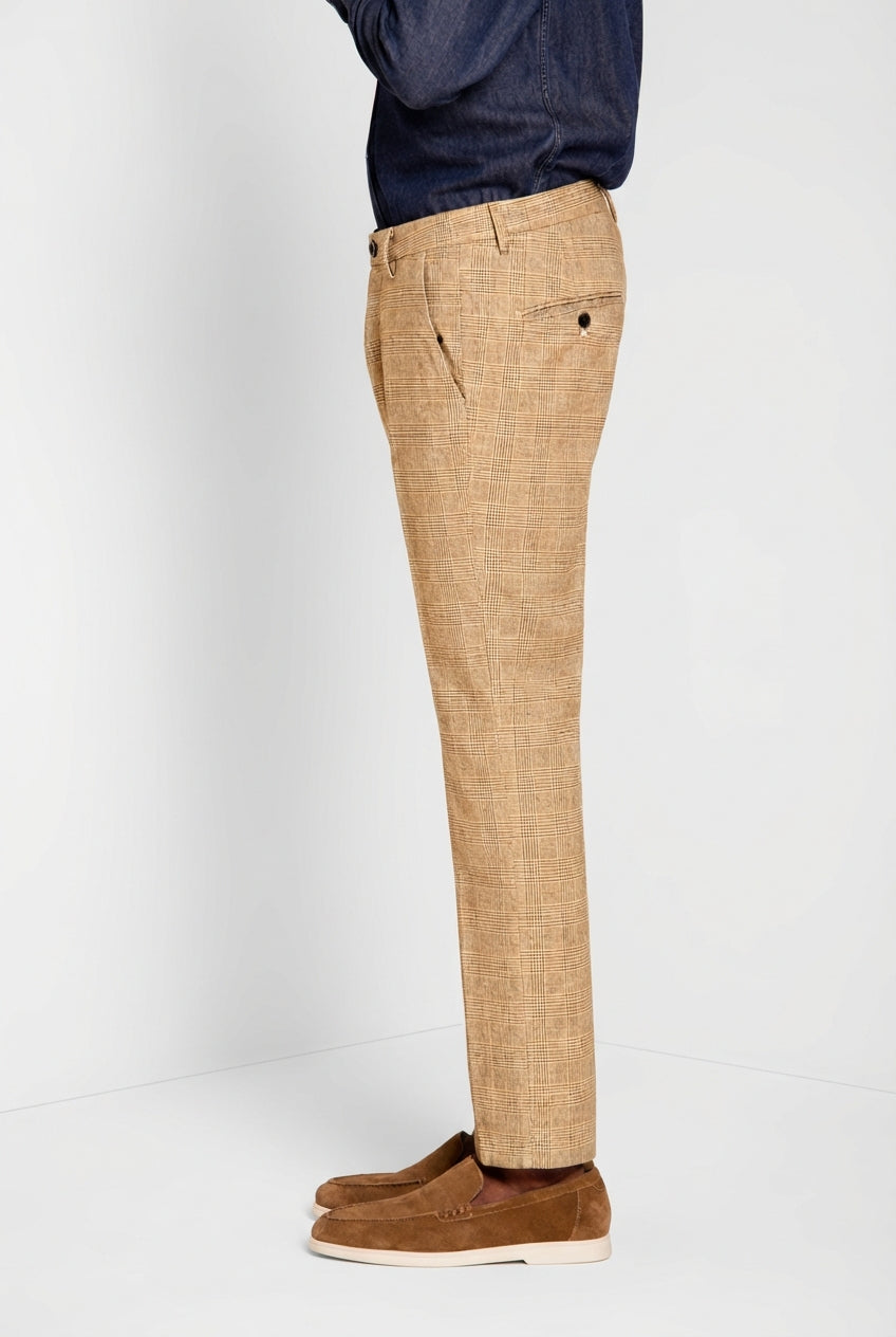 Torino men's chino pants prince of Wales print with dark brown yarn slim fit