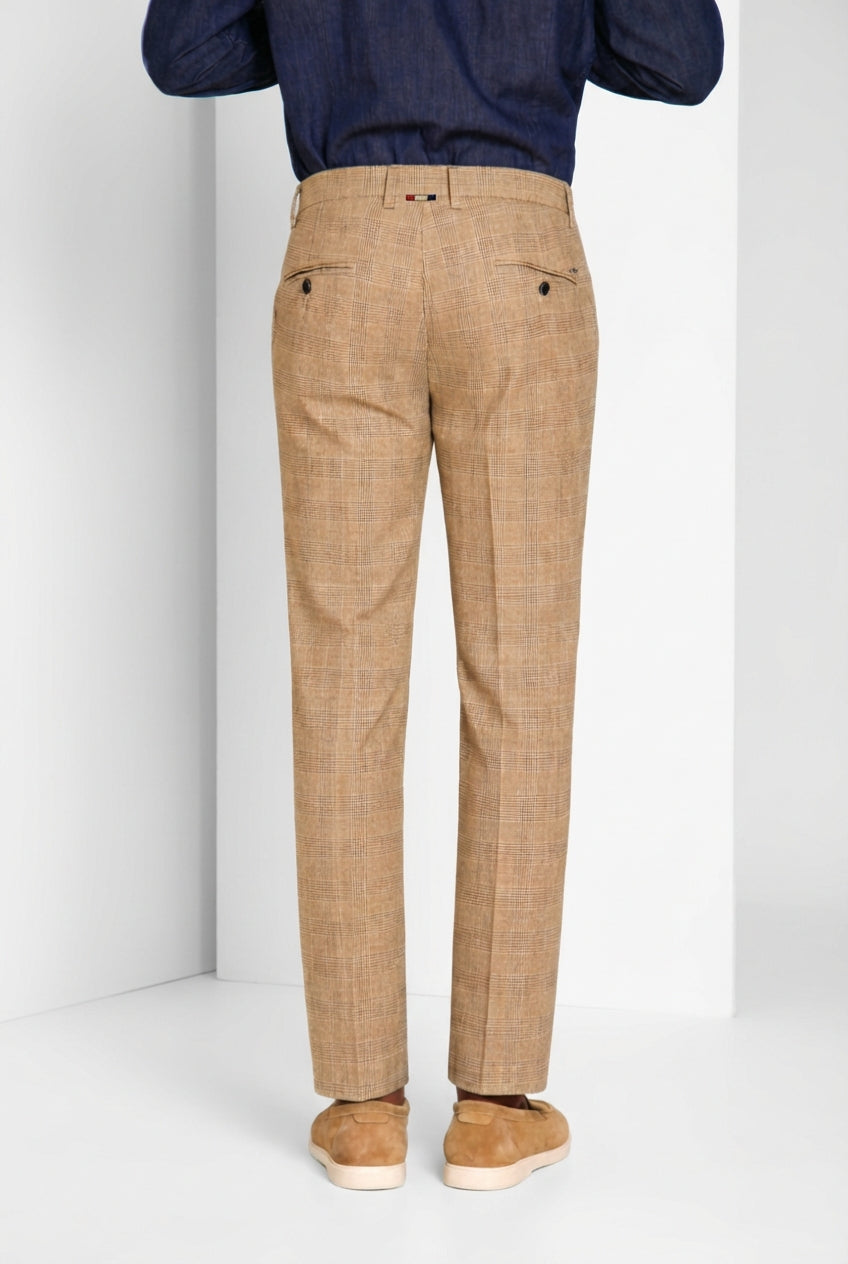 Torino men's chino pants prince of Wales print with dark brown yarn slim fit