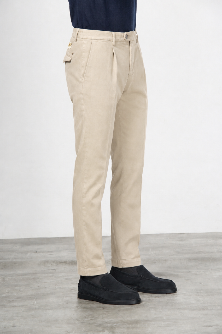 Torino 1 Pinces Flex pantalón chino de hombre en twill de algodón y cashmere slim fit