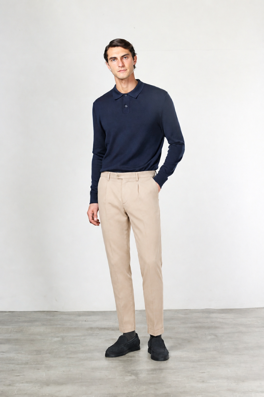 Torino 1 Pinces Flex pantalón chino de hombre en twill de algodón y cashmere slim fit