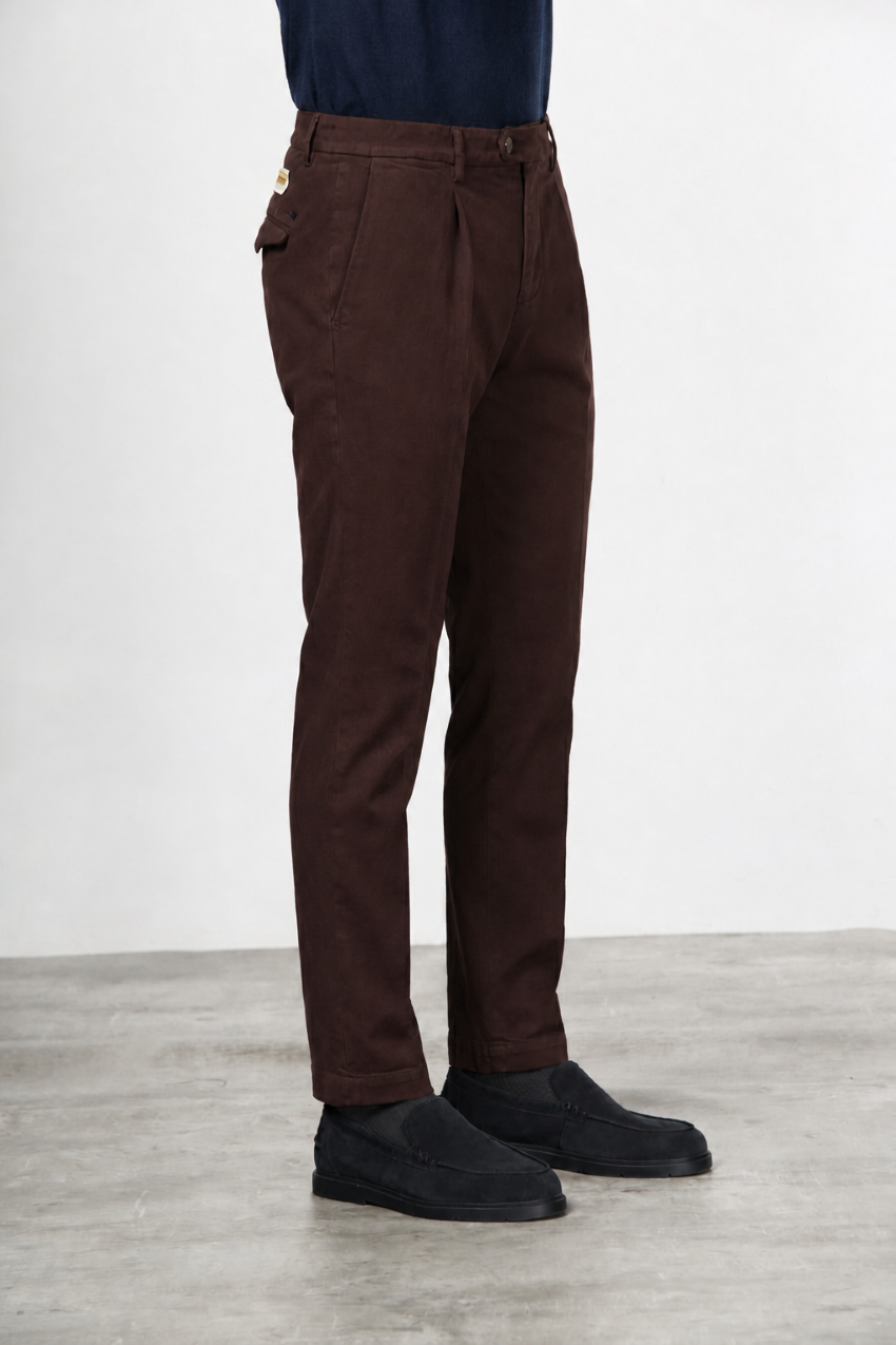 Torino 1 Pinces Flex pantalón chino de hombre en twill de algodón y cashmere slim fit