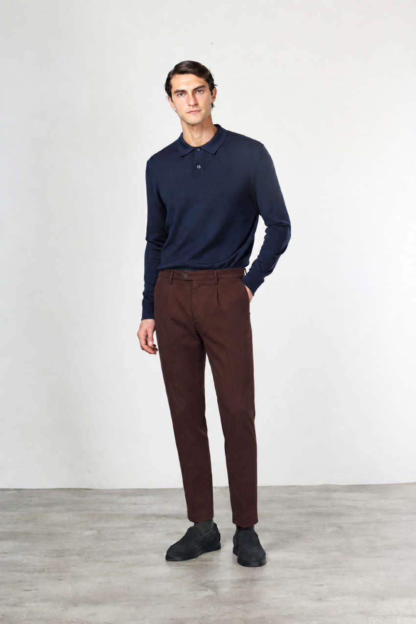 Torino 1 Pinces Flex pantalón chino de hombre en twill de algodón y cashmere slim fit