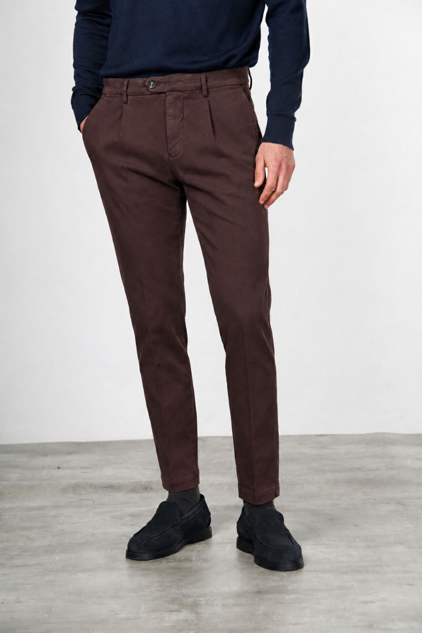 Torino 1 Pinces Flex pantalón chino de hombre en twill de algodón y cashmere slim fit