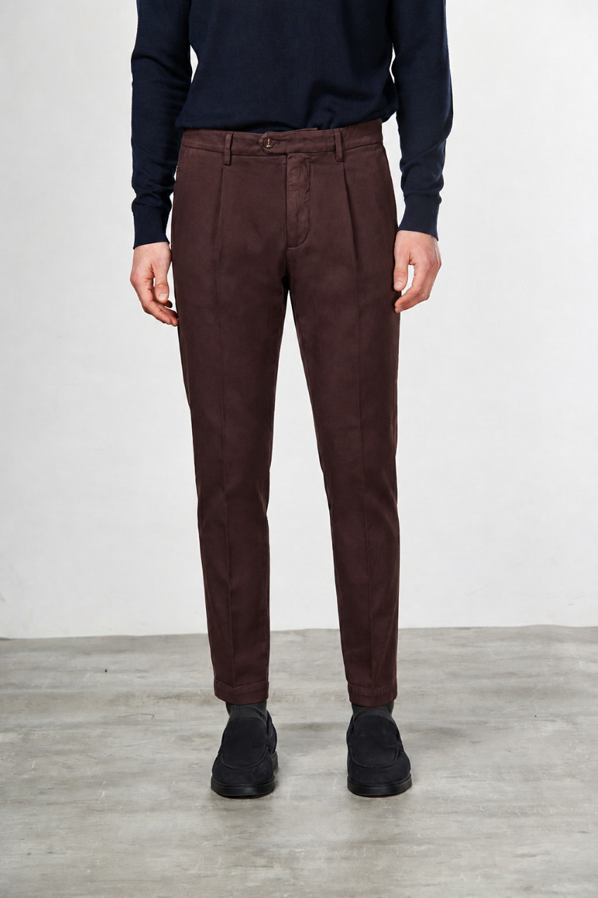 Torino 1 Pinces Flex pantalón chino de hombre en twill de algodón y cashmere slim fit