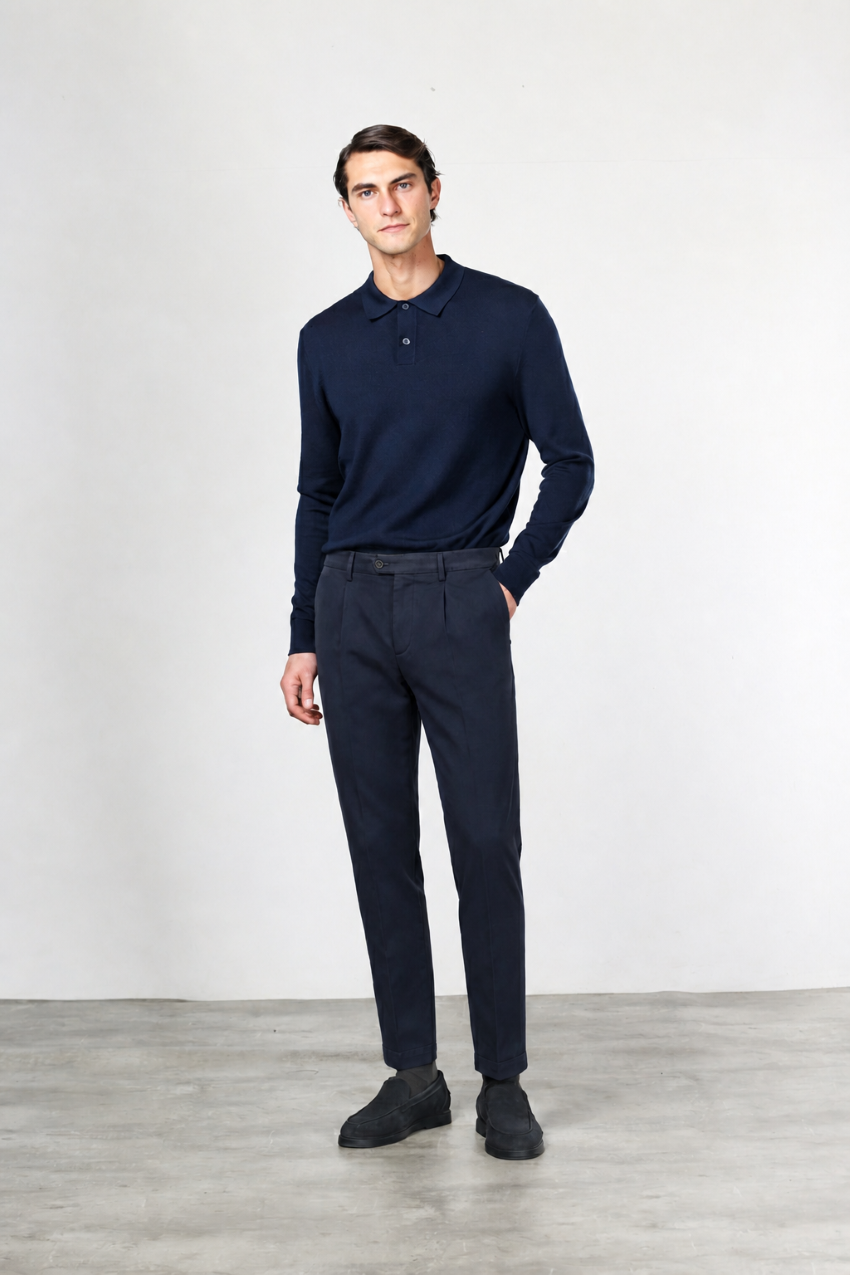 Torino 1 Pinces Flex pantalón chino de hombre en twill de algodón y cashmere slim fit