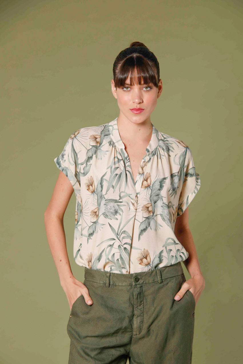 image 1 of woman's short sleeve shirt in popeline with flower pattern adele mm model in stucco by mason's