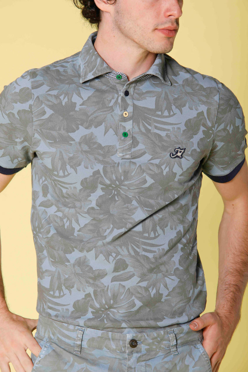 Image 1 of men's piquet polo with Hawaii print, print model, sky blue color by Mason's