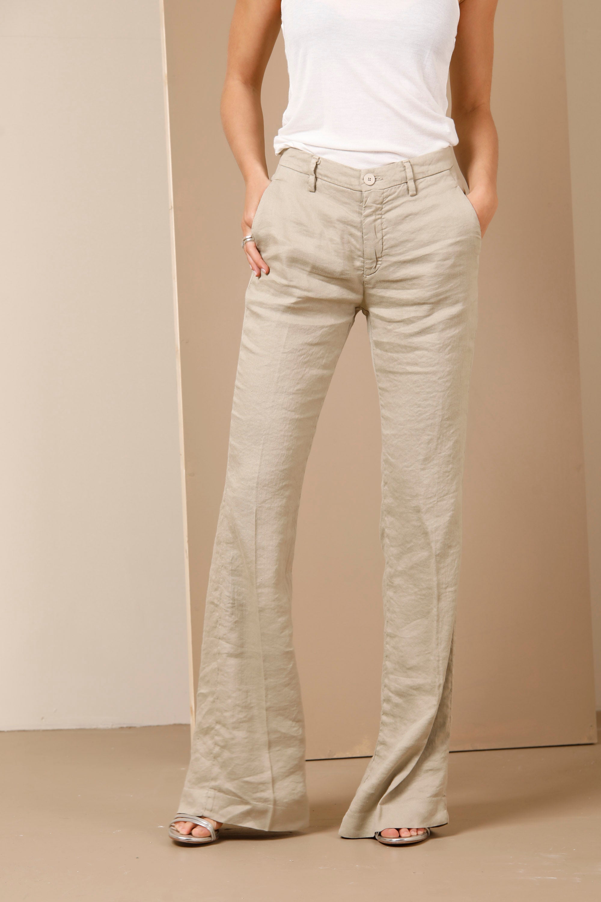 New York Flare woman chino pants in linen blend with wide bottom slim